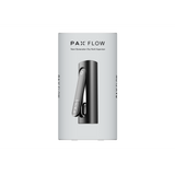 PAX FLOW retail packaging featuring the sleek black vaporizer with hinged mouthpiece, emphasizing its advanced design and next-generation dry herb vaporizing capability.