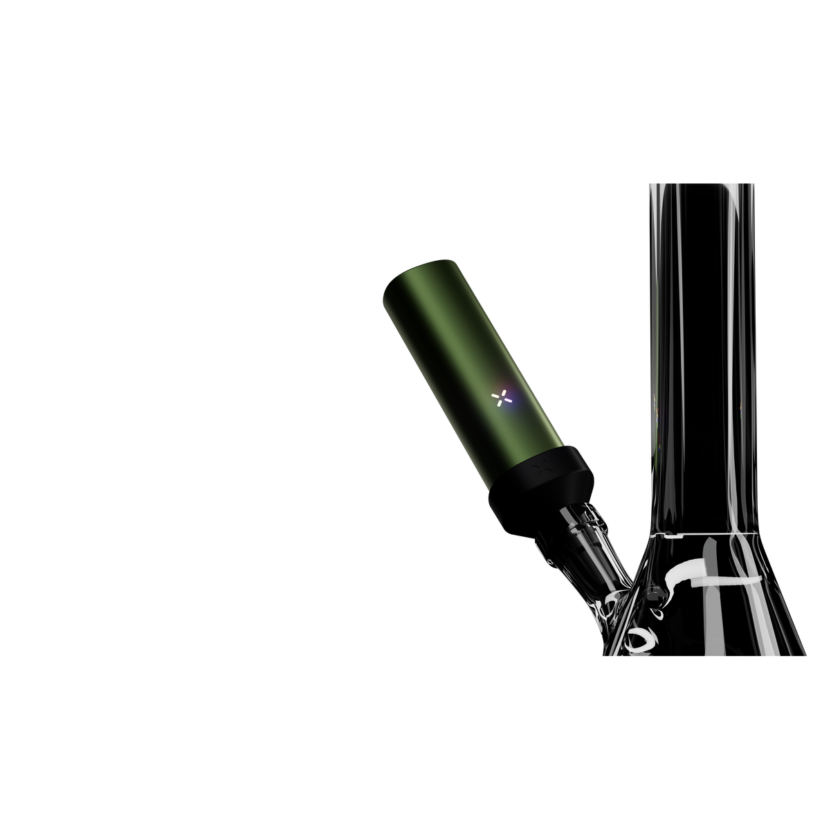 PAX FLOW Dry Herb Vaporizer connected to a glass bong via adapter, showcasing its sleek design and four-petal LED indicator, highlighting advanced vaporization technology.