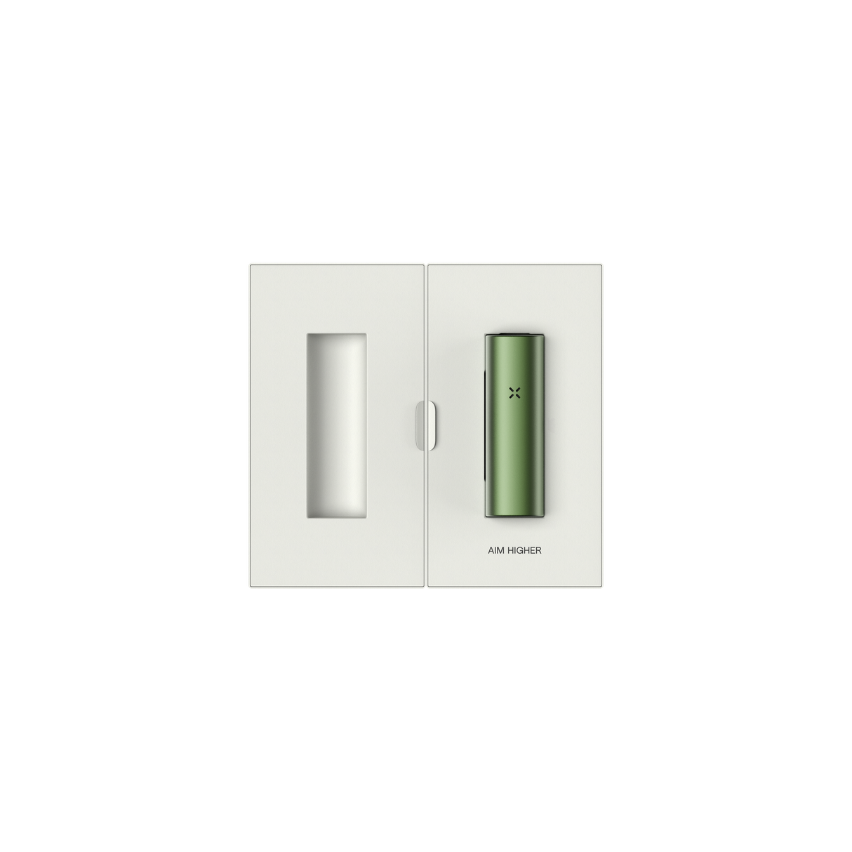 PAX FLOW packaging open, showcasing an olive-green vaporizer with LED X logo and AIM HIGHER text, highlighting its sleek, minimalist design.