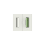 PAX FLOW packaging open, showcasing an olive-green vaporizer with LED X logo and AIM HIGHER text, highlighting its sleek, minimalist design.