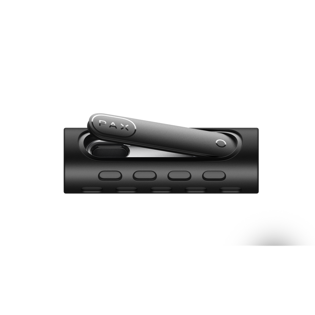 PAX FLOW black portable vaporizer in charging dock, showcasing its sleek design and compact form, highlighting advanced dry herb vaporization technology.