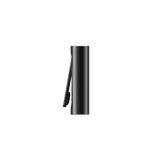 Side-profile of the PAX FLOW, a slim, matte-black dry herb vaporizer with a spring-steel clip, showcasing its portable, pocket-friendly design.
