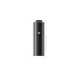 PAX FLOW vaporizer, matte-black cylindrical design with white X LED indicator, features a tapered mouthpiece, showcasing its advanced dry herb vaping technology.
