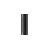 PAX FLOW black portable vaporizer battery with pill-shaped design, circular LED button, and oval logo button, highlighting advanced dry herb vaporization technology.
