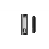 PAX FLOW components: Left, charging dock with sliding door; right, slim battery/pod unit with LED, showcasing PAX's advanced vaporizer design and functionality.