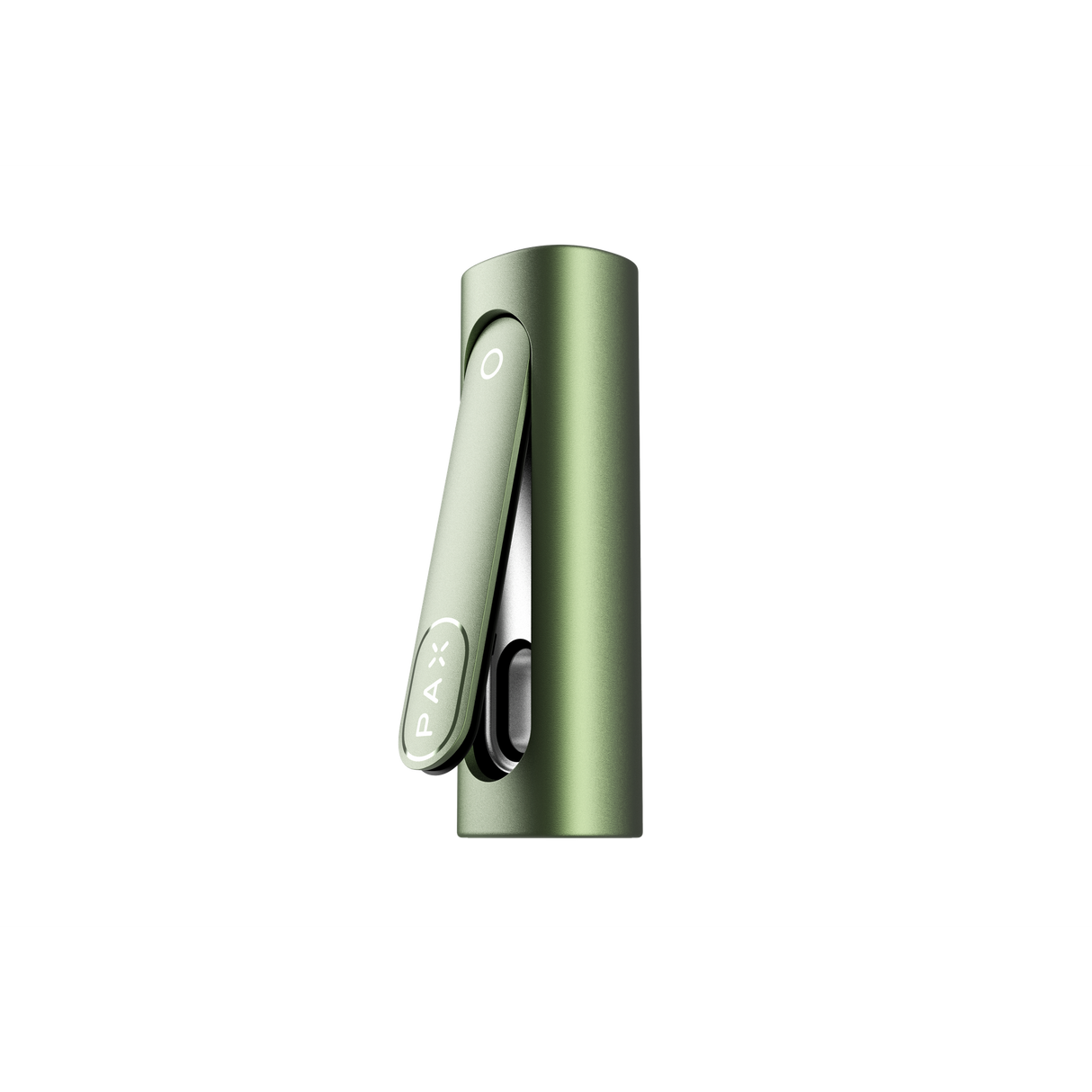 PAX FLOW herbal vaporizer in olive, upright with open magnetic mouthpiece, showcasing the cannabis chamber, highlighting advanced draw strength and hybrid heating system.
