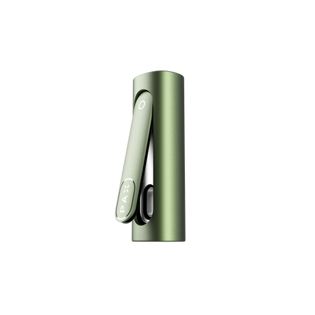 PAX FLOW herbal vaporizer in olive, upright with open magnetic mouthpiece, showcasing the cannabis chamber, highlighting advanced draw strength and hybrid heating system.