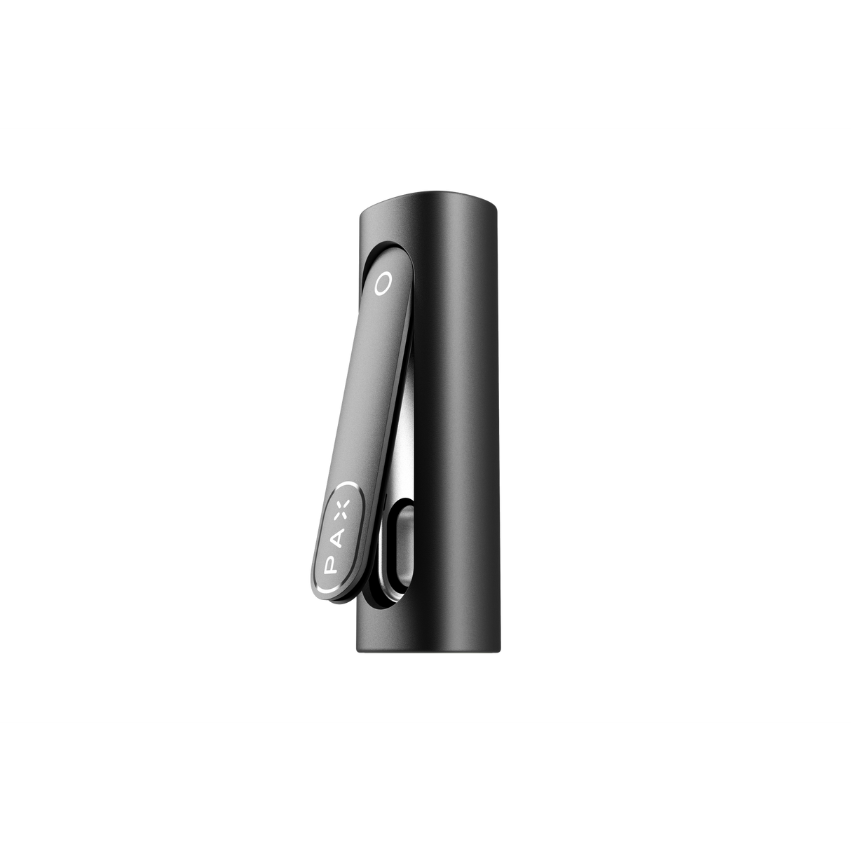 PAX FLOW portable vaporizer with matte-black cylindrical body, hinged mouthpiece featuring the PAX logo; designed for dry herb and concentrate use.