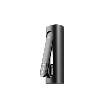 PAX FLOW portable vaporizer with matte-black cylindrical body, hinged mouthpiece featuring the PAX logo; designed for dry herb and concentrate use.