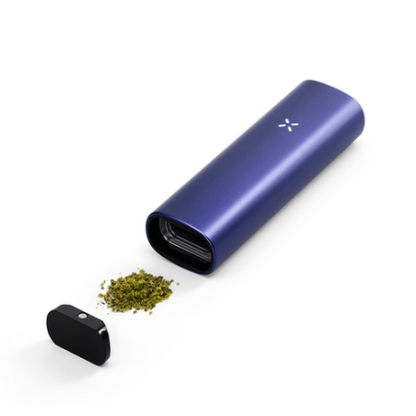 PAX Plus Dry Vaporizer Starter Kit featuring a blue device with green substance, mouthpieces, oven lid, screen, wire brush, and USB cable.