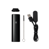 PAX Plus Dry Vaporizer Starter Kit featuring a black device with visible cable, includes mouthpieces, wire brush, and USB charge cable for convenient use.