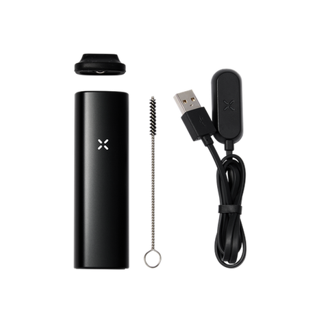PAX Plus Dry Vaporizer Starter Kit featuring a black device with visible cable, includes mouthpieces, wire brush, and USB charge cable for convenient use.