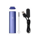 PAX Plus Dry Vaporizer Starter Kit featuring a blue device with a black cord and visible black earbuds. Includes essential accessories for versatile use.