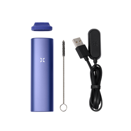 PAX Plus Dry Vaporizer Starter Kit featuring a blue device with a black cord and visible black earbuds. Includes essential accessories for versatile use.