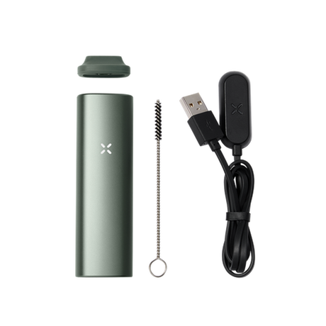 PAX Plus Dry Vaporizer Starter Kit with a green device, black cord, and earbuds, featuring mouthpieces, oven lid, screen, wire brush, and USB cable.