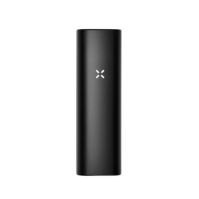 PAX Plus Dry Vaporizer Starter Kit featuring a sleek device with a prominent white X design, highlighting its compact form and essential accessories.