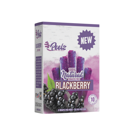 Blackberry Fruit Wrap - 3 Pack - Carton 10 features close-up of a leaf, a black wrap, and a purple label with white text, highlighting its natural, smooth flavor.