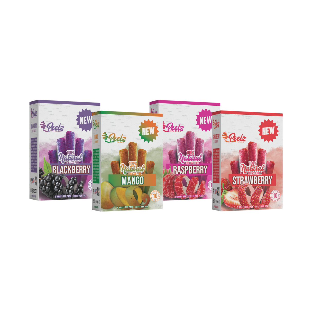 Blackberry Fruit Wrap - 3 Pack - Carton 10 features multiple boxes with bold text and a close-up of a wrap, highlighting the smooth, natural blackberry product.