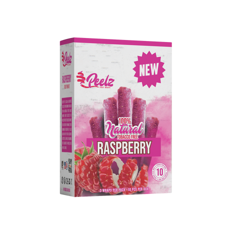 Raspberry Fruit Wrap - 3 Pack - Carton 10: Close-up of raspberry detail, highlighting tangy flavor. Ideal for smoke shops, featuring easy-roll, tobacco-free, fruit-based wraps.