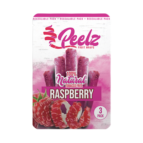 Raspberry Fruit Wrap - 3 Pack - Carton 10 shown with close-up of fruit, highlighting raspberry-based, easy-to-roll, nicotine-free wraps designed for a slow, even burn.