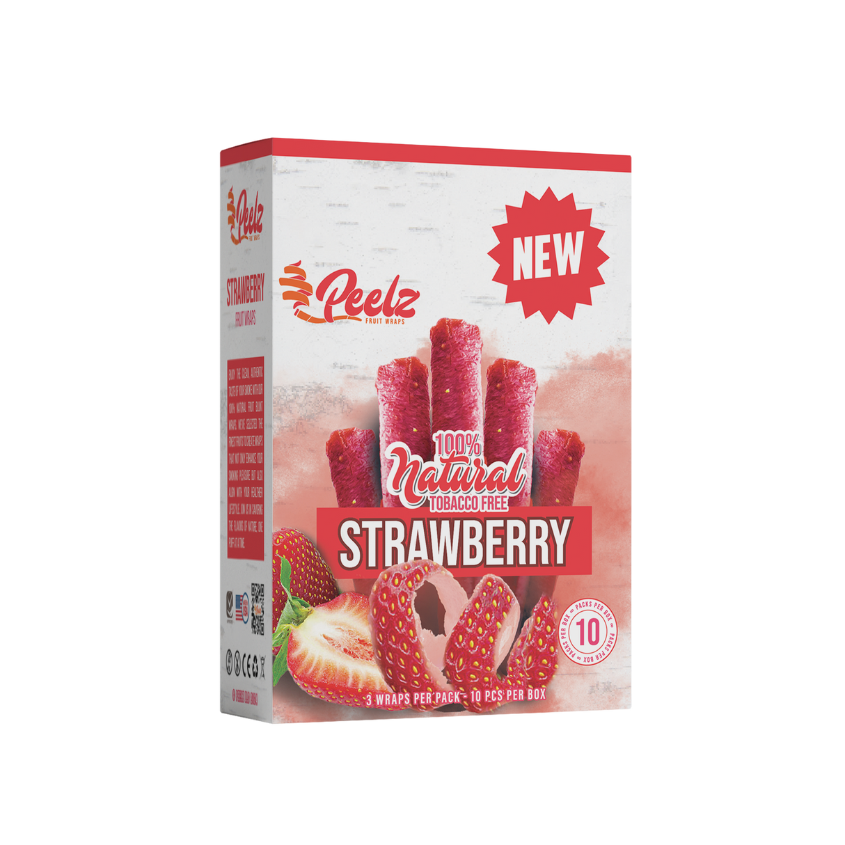 Strawberry Fruit Wrap - 3 Pack - Carton 10: Close-up of natural strawberry wraps with logo and label details, highlighting smooth, slow-burning, tobacco-free features.