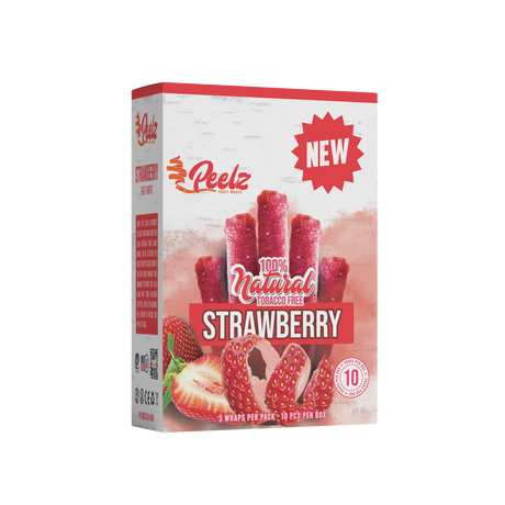 Strawberry Fruit Wrap - 3 Pack - Carton 10: Close-up of natural strawberry wraps with logo and label details, highlighting smooth, slow-burning, tobacco-free features.