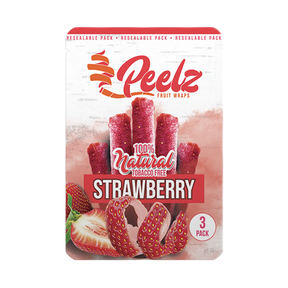 Strawberry Fruit Wrap - 3 Pack - Carton 10; close-up of a strawberry and package, highlighting real fruit composition and natural flavor.