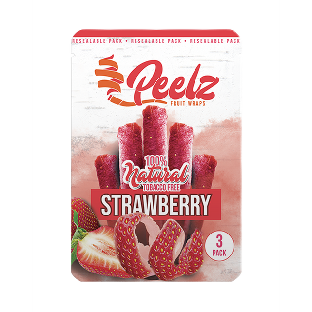 Strawberry Fruit Wrap - 3 Pack - Carton 10; close-up of a strawberry and package, highlighting real fruit composition and natural flavor.