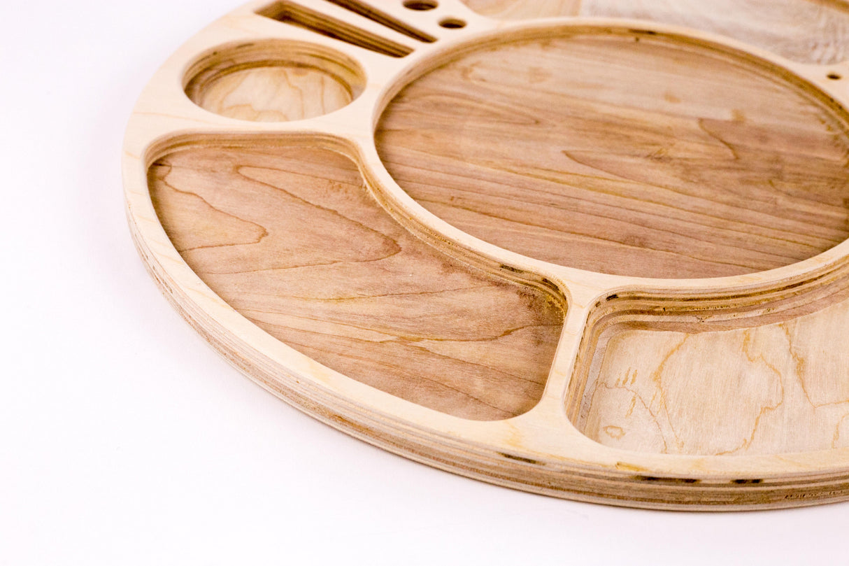 Spinning Rolling Tray: A round wooden board with precision-cut wells, designed for easy 360° access. Features smooth, fine-grained finish and built-in compartments.