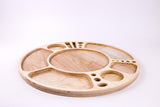 Spinning Rolling Tray: A round, laser-cut plywood accessory platform with a rotating base, featuring a central well and multiple compartments for organized display or use.