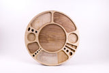 Spinning Rolling Tray with multiple carved compartments, featuring a smooth, clear-coated finish on fine-grained birch wood, designed for organized, rotating display use.