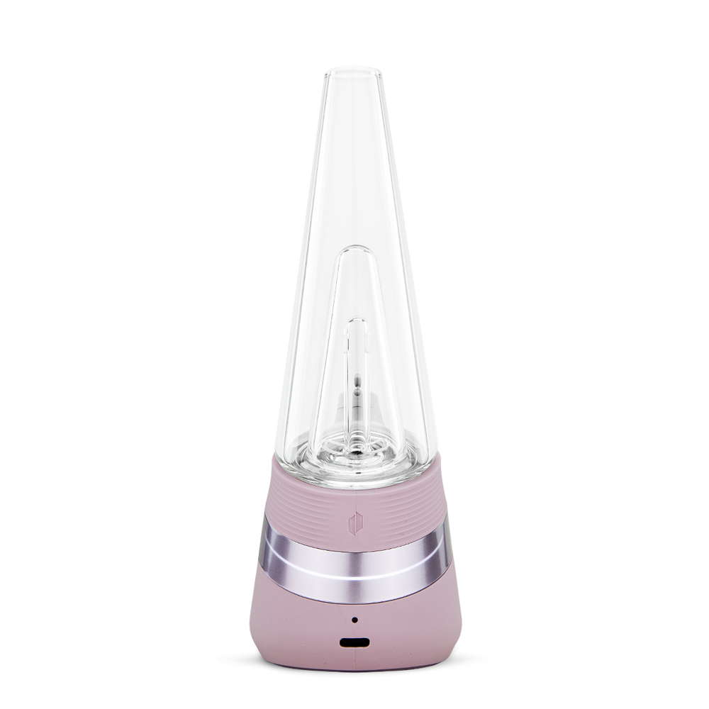 Peak Electric Dab Rig vaporizer with a clear conical glass bubbler for water filtration, pastel base housing battery, controls, and USB-C charging port.