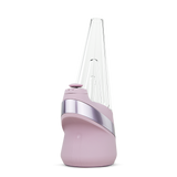 Peak Electric Dab Rig with a pink metallic base and clear conical glass top, featuring a hand-blown glass bubbler for smooth vaporization.