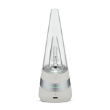 Close-up of Puffco Peak Electric Dab Rig - Cloud, featuring a clear glass bulb and tube, part of a sleek white and silver lamp design.