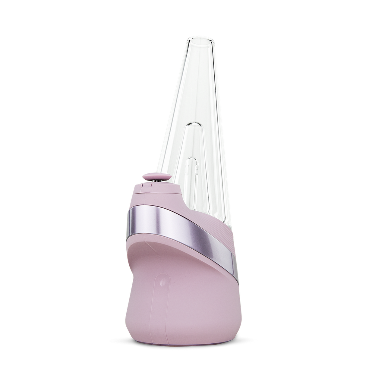 Peak Electric Dab Rig with a pink metallic base and clear conical glass top, featuring a hand-blown glass bubbler for smooth vaporization.