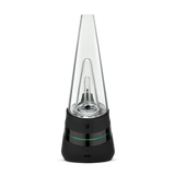 Peak Electric Dab Rig - Onyx, featuring a close-up of its hand-blown glass bubbler, ceramic bowl, and innovative black and clear lamp design for smooth dabbing.
