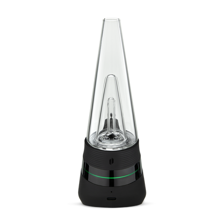 Peak Electric Dab Rig - Onyx, featuring a close-up of its hand-blown glass bubbler, ceramic bowl, and innovative black and clear lamp design for smooth dabbing.