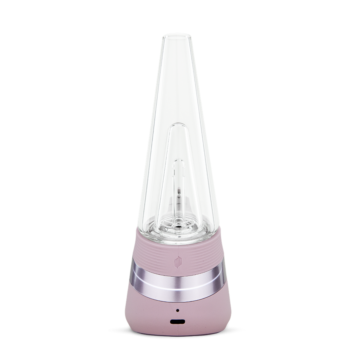 Peak Electric Dab Rig vaporizer with a clear conical glass bubbler for water filtration, pastel base housing battery, controls, and USB-C charging port.