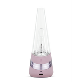 Peak Electric Dab Rig vaporizer with a clear conical glass bubbler for water filtration, pastel base housing battery, controls, and USB-C charging port.