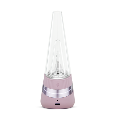 Peak Electric Dab Rig vaporizer with a clear conical glass bubbler for water filtration, pastel base housing battery, controls, and USB-C charging port.