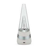 Close-up of Puffco Peak Electric Dab Rig - Cloud, featuring a clear glass bulb and tube, part of a sleek white and silver lamp design.