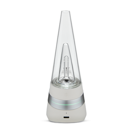 Close-up of Puffco Peak Electric Dab Rig - Cloud, featuring a clear glass bulb and tube, part of a sleek white and silver lamp design.
