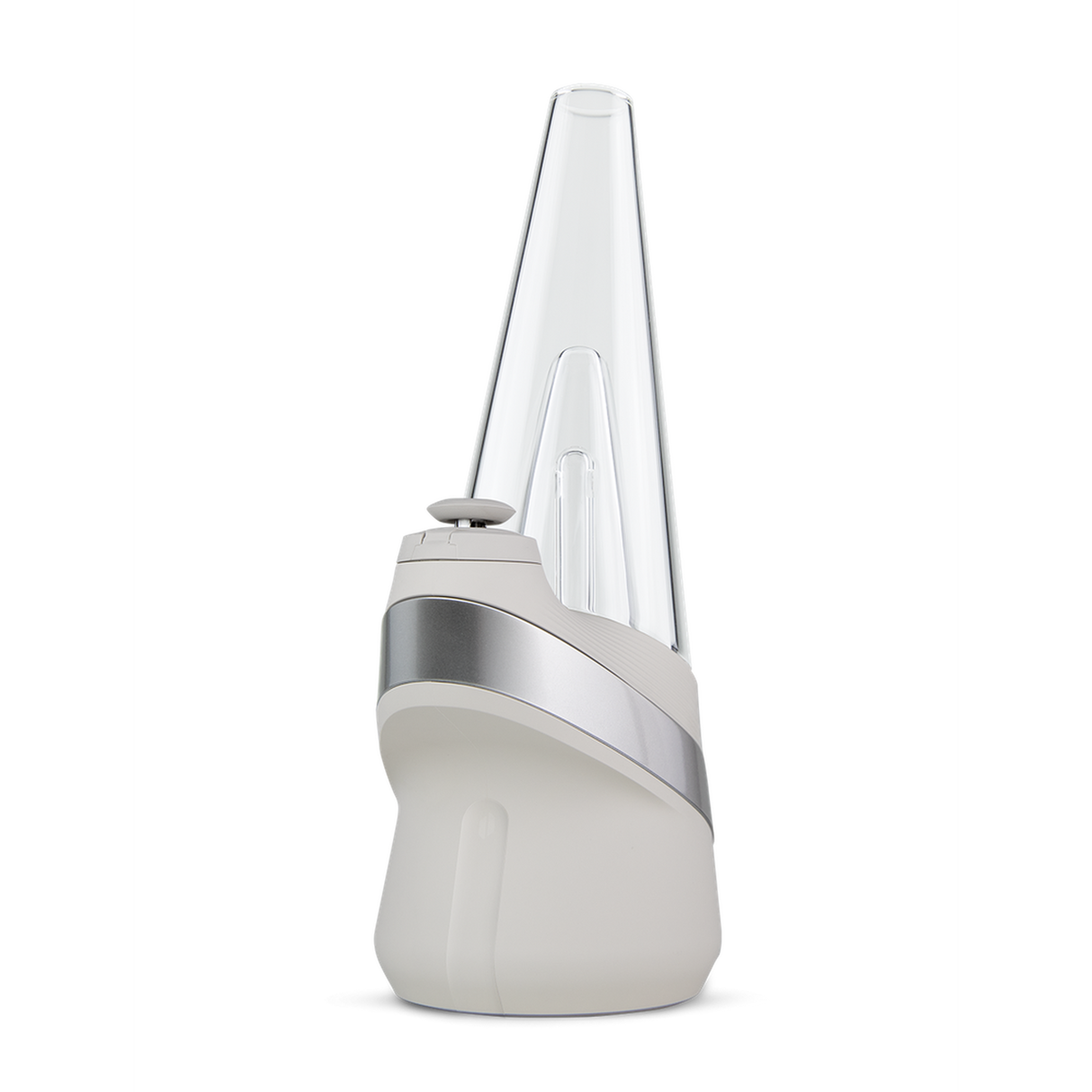 Peak Electric Dab Rig with a clear conical reservoir on a white-silver base, featuring a control knob, designed for efficient, flavorful dabbing with smart heat settings.