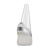 Peak Electric Dab Rig with a clear conical reservoir on a white-silver base, featuring a control knob, designed for efficient, flavorful dabbing with smart heat settings.