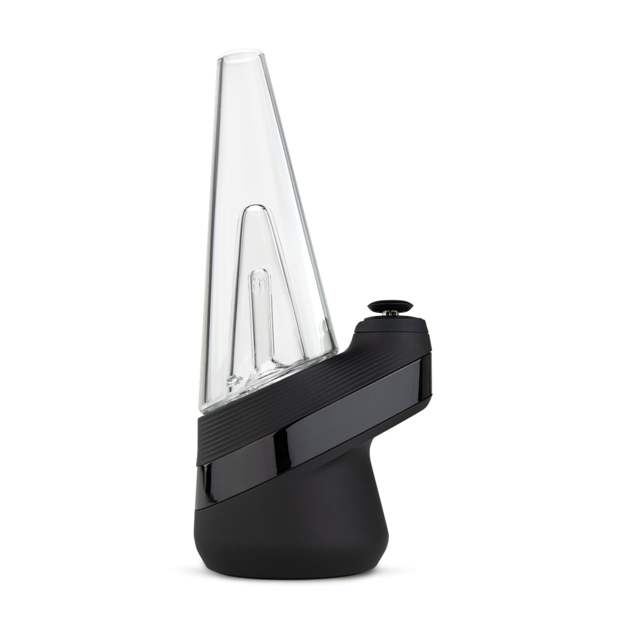 The Peak Electric Dab Rig features a sleek black and grey design with a clear cone, showcasing its modern technology for an enhanced hash experience.