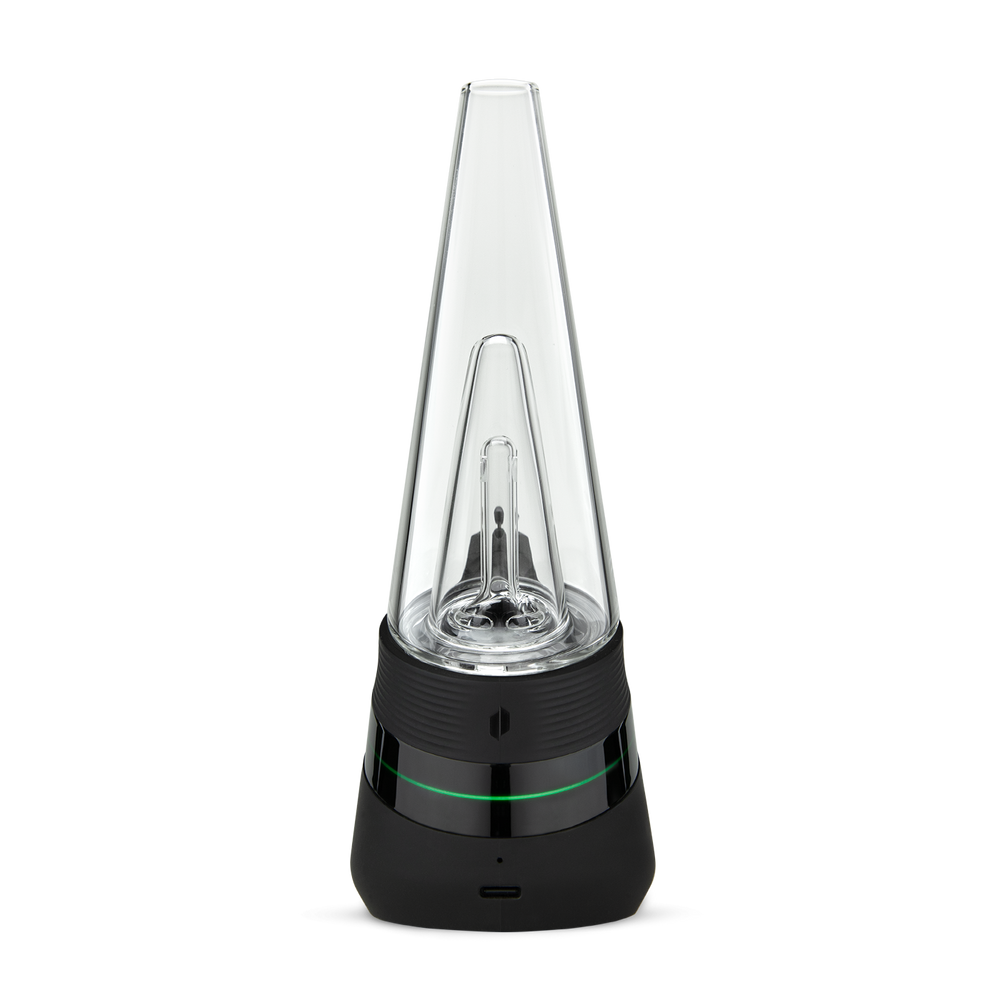 Peak Electric Dab Rig - Onyx, featuring a close-up of its hand-blown glass bubbler, ceramic bowl, and innovative black and clear lamp design for smooth dabbing.