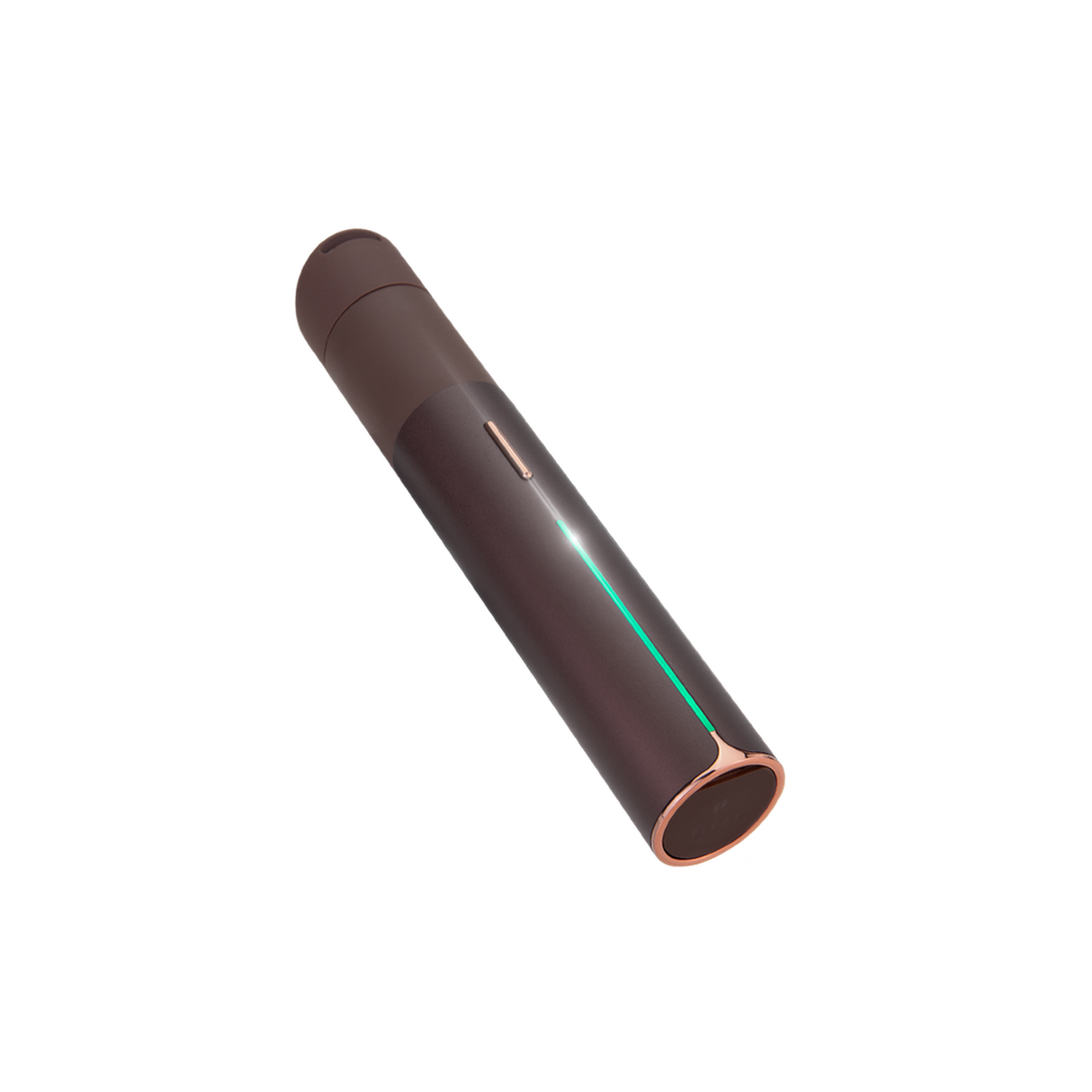 Pivot Electric Dab Pen, cylindrical with copper accents, features a push-button, green LED, and domed top indicating potential vaporizer use. Compact and discreet design.
