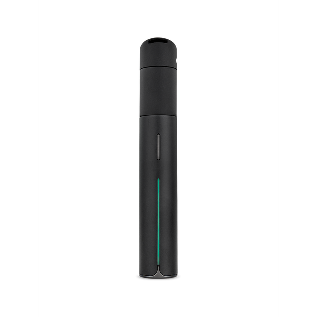 Pivot Electric Dab Pen - Onyx, a sleek cylindrical device with a green light, designed for discreet, portable dabbing with haptic feedback and four heat settings.