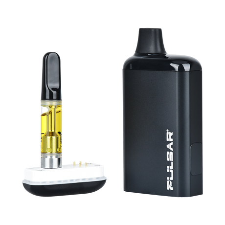 DL 2.0 PRO Auto-Draw VV 510 Battery beside oil-filled vape cartridge in charger dock, showcasing its sleek design and compatibility.
