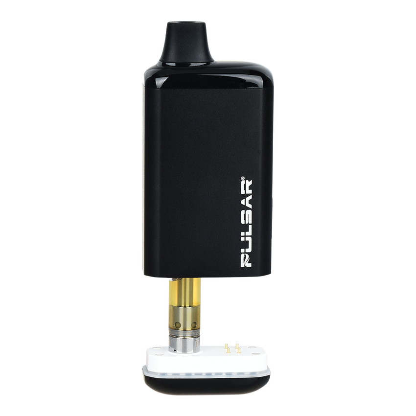 Pulsar 510 DL 2.0 Pro Auto-Draw VV 510 Battery with clear cartridge on charging dock, featuring sleek design and discreet, pocket-sized form.